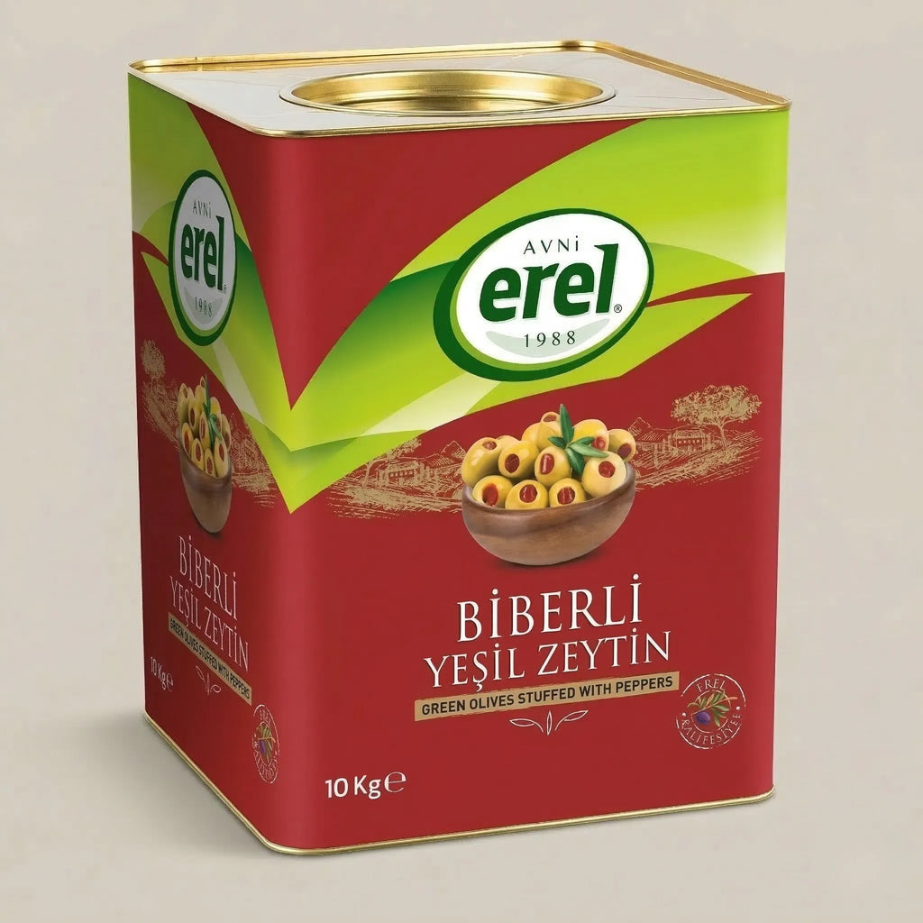 Biber Dolgulu Yeşil Zeytin (10 KG Teneke) - Avni Erel Zeytincilik